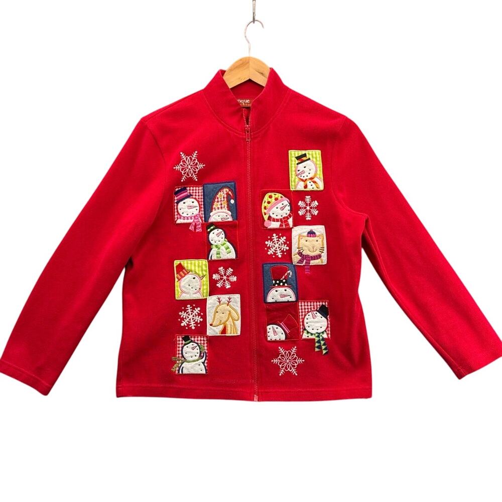 Onque Casuals Vintage Red Snowman Christmas Zip Up Cardigan Jacket Women M
